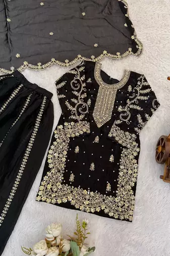 Girls black fendy silk embroidered kurta with plazzo and dupatta set
