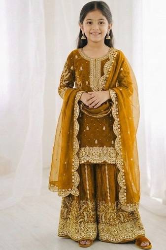 Girls yellow fendy silk embroidered kurta with plazzo and dupatta set