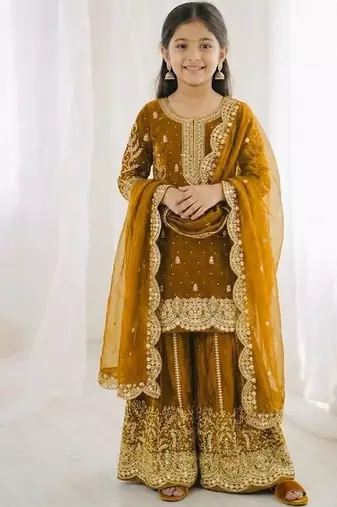Girls yellow fendy silk embroidered kurta with plazzo and dupatta set