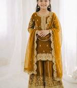 Girls yellow fendy silk embroidered kurta with plazzo and dupatta set