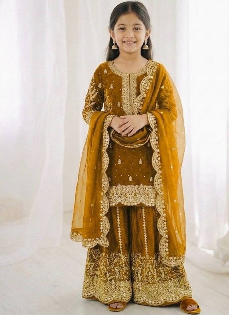 Girls yellow fendy silk embroidered kurta with plazzo and dupatta set