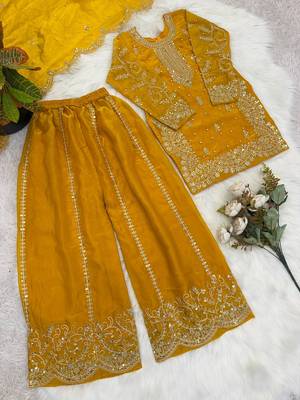 Girls yellow fendy silk embroidered kurta with plazzo and dupatta set 2