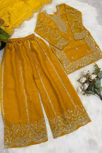 Girls yellow fendy silk embroidered kurta with plazzo and dupatta set