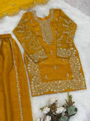 Girls yellow fendy silk embroidered kurta with plazzo and dupatta set 3