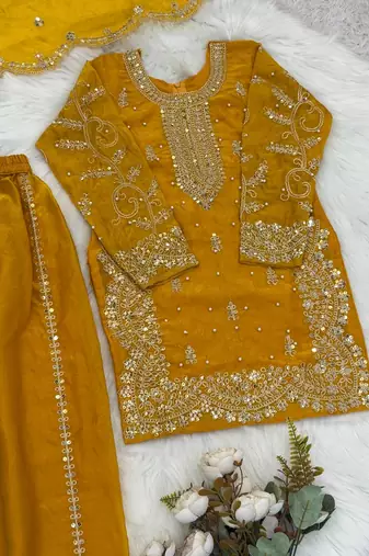 Girls yellow fendy silk embroidered kurta with plazzo and dupatta set