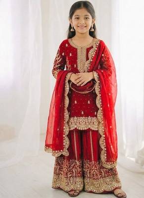 Girls red fendy silk embroidered kurta with plazzo and dupatta set 1
