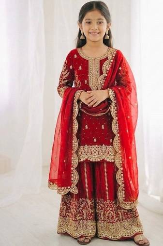 Girls red fendy silk embroidered kurta with plazzo and dupatta set