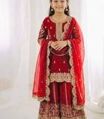 Girls red fendy silk embroidered kurta with plazzo and dupatta set
