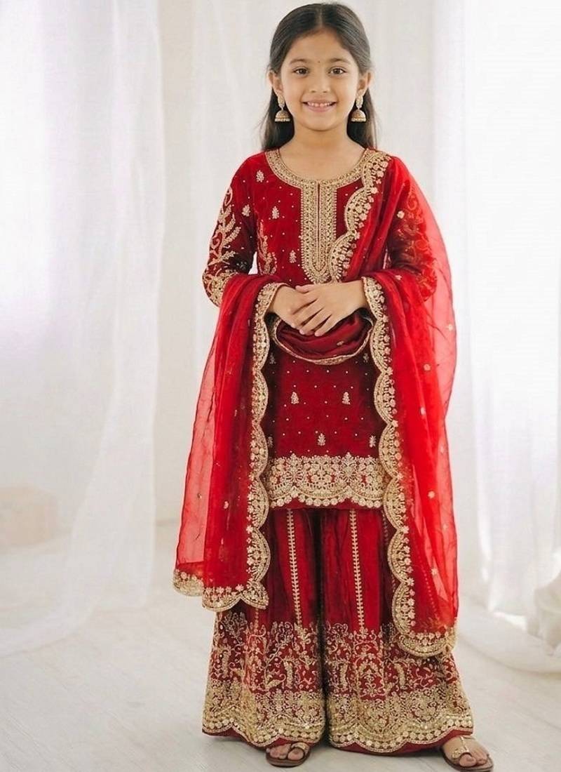 Girls red fendy silk embroidered kurta with plazzo and dupatta set