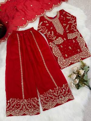 Girls red fendy silk embroidered kurta with plazzo and dupatta set 2