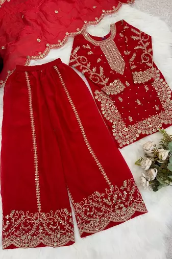 Girls red fendy silk embroidered kurta with plazzo and dupatta set