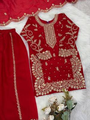 Girls red fendy silk embroidered kurta with plazzo and dupatta set 3