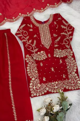 Girls red fendy silk embroidered kurta with plazzo and dupatta set