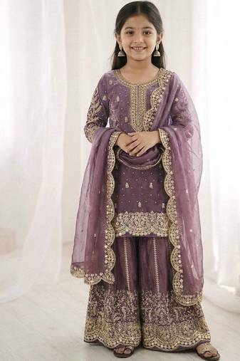 Girls lavender fendy silk embroidered kurta with plazzo and dupatta set