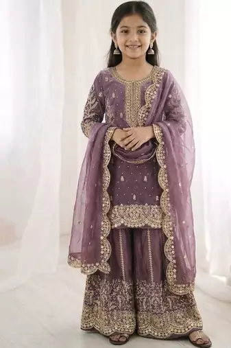 Girls lavender fendy silk embroidered kurta with plazzo and dupatta set