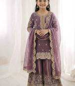 Girls lavender fendy silk embroidered kurta with plazzo and dupatta set