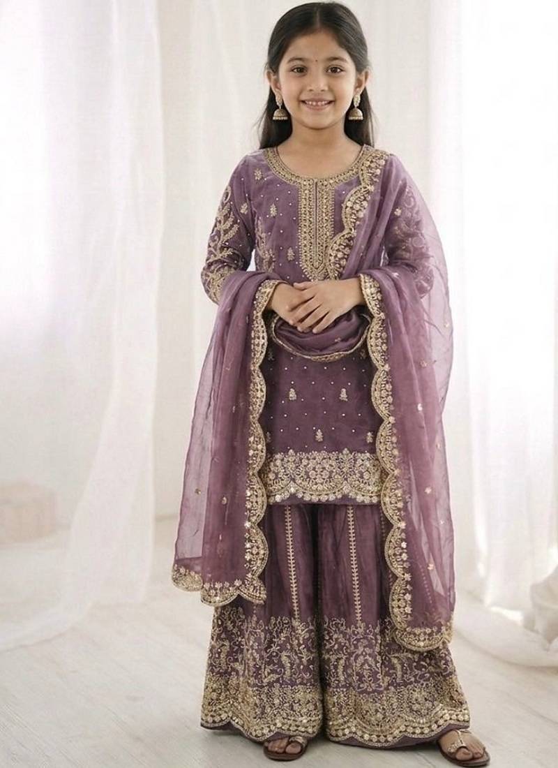 Girls lavender fendy silk embroidered kurta with plazzo and dupatta set