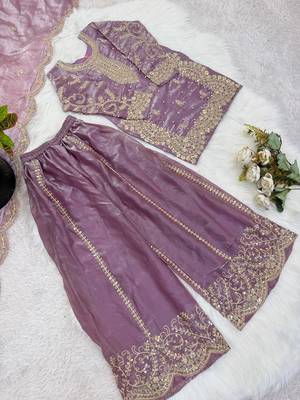 Girls lavender fendy silk embroidered kurta with plazzo and dupatta set 2