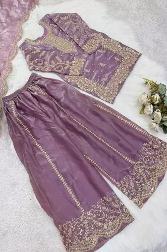 Girls lavender fendy silk embroidered kurta with plazzo and dupatta set