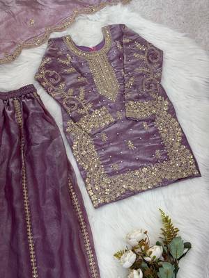 Girls lavender fendy silk embroidered kurta with plazzo and dupatta set 3