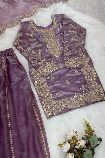 Girls lavender fendy silk embroidered kurta with plazzo and dupatta set