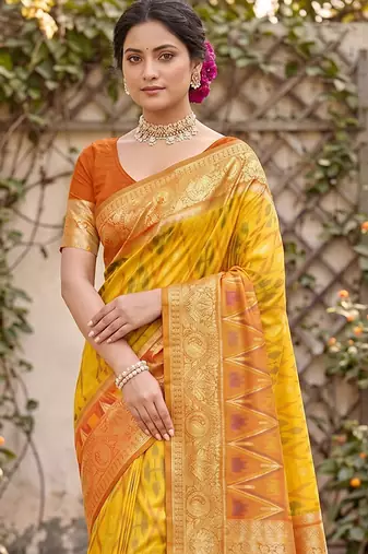 Yellow prined casual wear saree with blouse