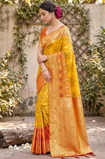 Yellow prined casual wear saree with blouse