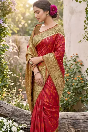 Red prined casual wear saree with blouse