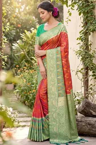 Orange prined casual wear saree with blouse