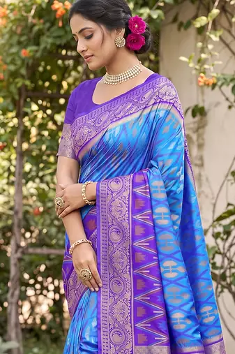 Blue prined casual wear saree with blouse