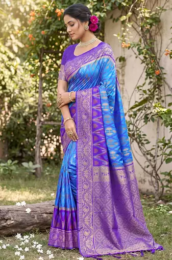 Blue prined casual wear saree with blouse