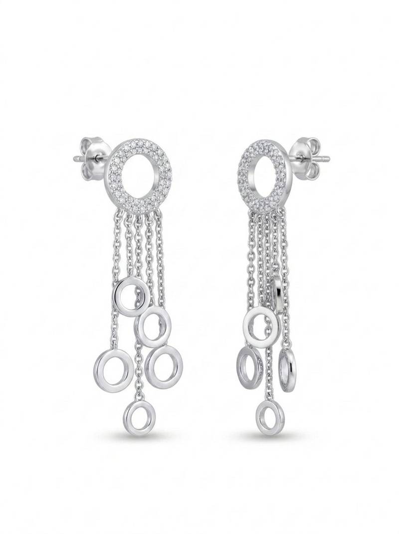 925 sterling silver Diamond Circle Drop Earrings with Chain Dangles