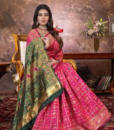 Pink Banarasi Cotton Silk Saree with Green Woven Pallu and Traditional Zari Design