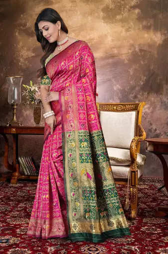 Pink Banarasi Cotton Silk Saree with Green Woven Pallu and Traditional Zari Design