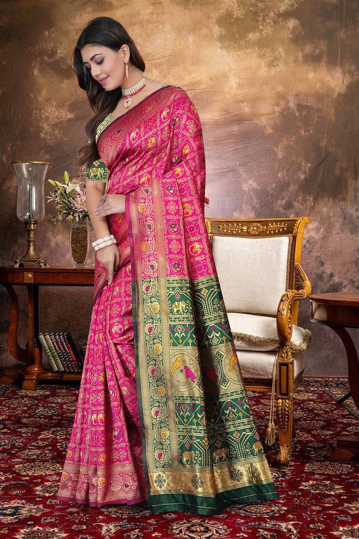 Pink Banarasi Cotton Silk Saree with Green Woven Pallu and Traditional Zari Design