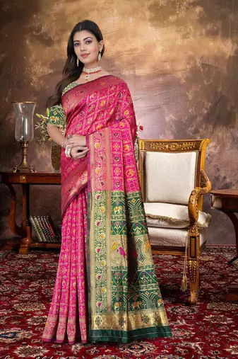 Pink Banarasi Cotton Silk Saree with Green Woven Pallu and Traditional Zari Design