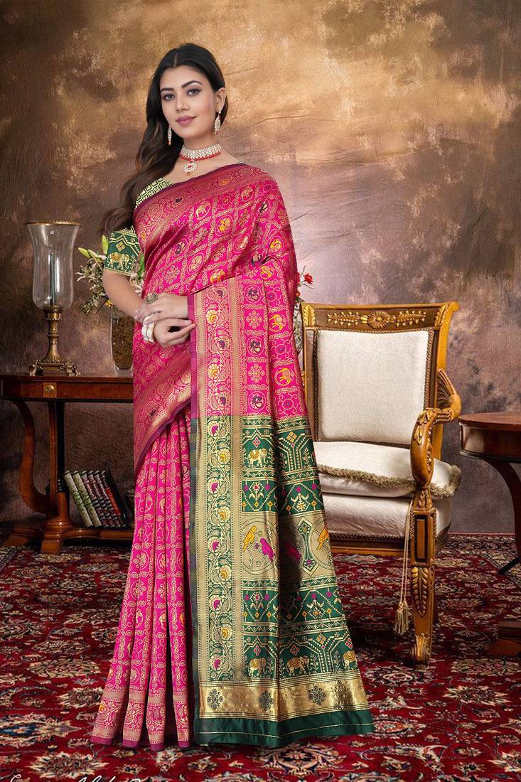 Pink Banarasi Cotton Silk Saree with Green Woven Pallu and Traditional Zari Design