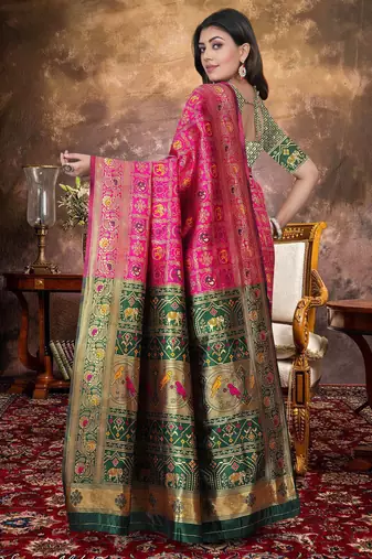 Pink Banarasi Cotton Silk Saree with Green Woven Pallu and Traditional Zari Design