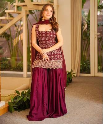 Wine blooming faux georgette embroidered sharara suit set with dupatta 1
