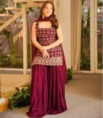 Wine blooming faux georgette embroidered sharara suit set with dupatta