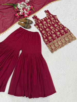Wine blooming faux georgette embroidered sharara suit set with dupatta 2
