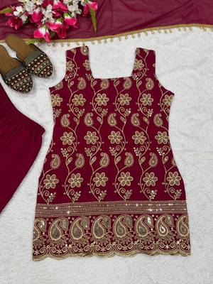 Wine blooming faux georgette embroidered sharara suit set with dupatta 3