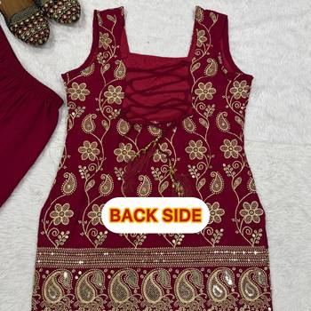Wine blooming faux georgette embroidered sharara suit set with dupatta 4