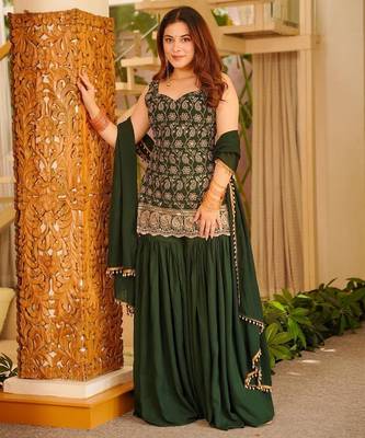 Green blooming faux georgette embroidered sharara suit set with dupatta 1