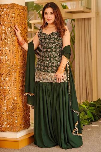 Green blooming faux georgette embroidered sharara suit set with dupatta