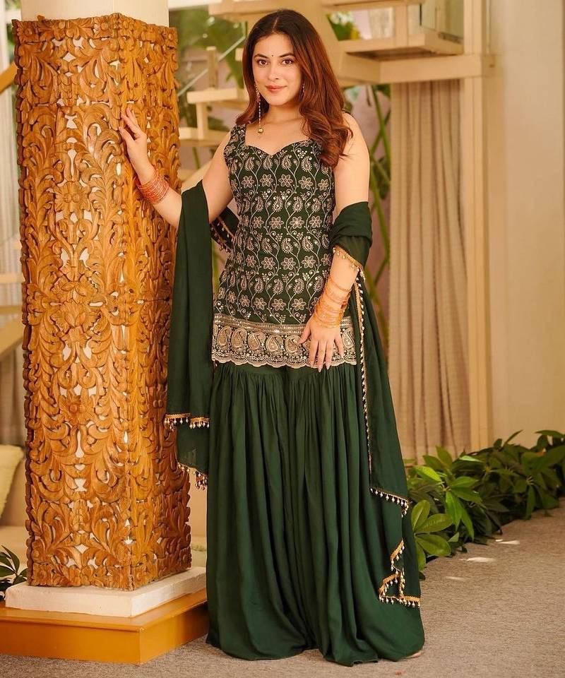 Green blooming faux georgette embroidered sharara suit set with dupatta