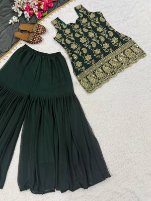 Green blooming faux georgette embroidered sharara suit set with dupatta 2