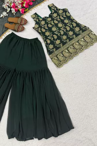 Green blooming faux georgette embroidered sharara suit set with dupatta