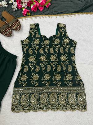 Green blooming faux georgette embroidered sharara suit set with dupatta 3