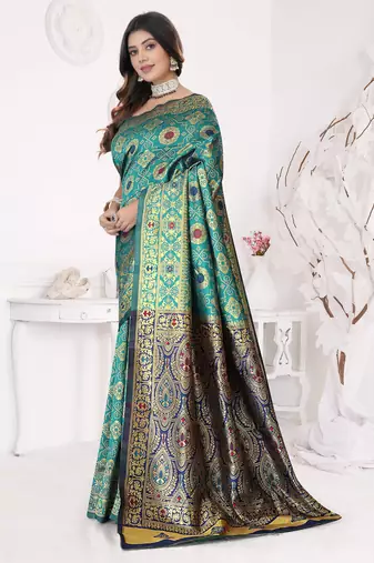 Aqua Blue Banarasi Cotton Silk Saree with Royal Blue Woven Pallu and Traditional Zari Design